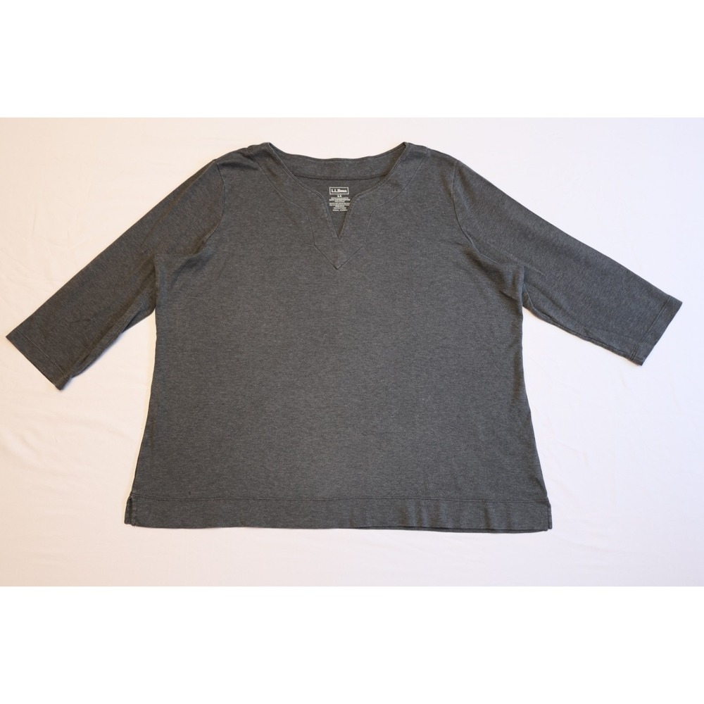 L.L. Bean 100% Cotton 3/4 Sleeve V-Neck Gray Knit Top Size L Relaxed Fit Tee 1XL - Picture 3 of 8